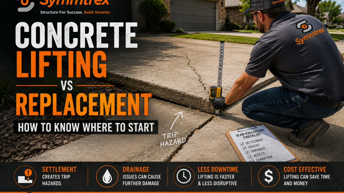 Symmtrex technician evaluating a sunken concrete driveway for concrete lifting versus replacement in DFW.