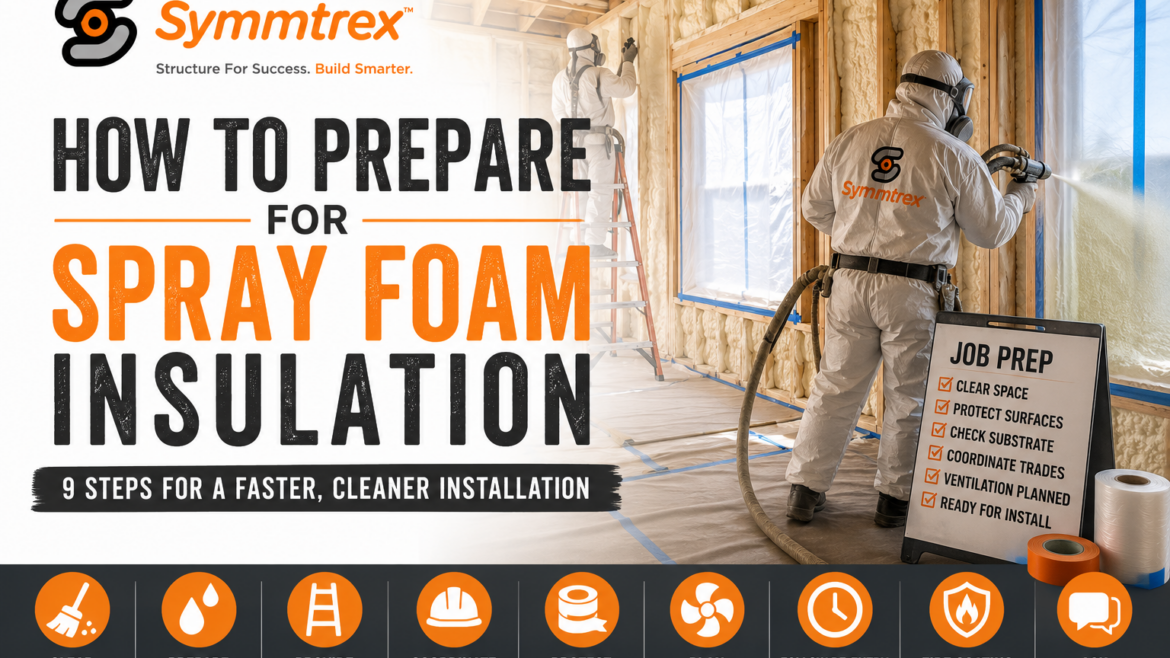 Spray foam contractor preparing a North Texas construction project by masking surfaces and applying spray foam insulation in a commercial building.