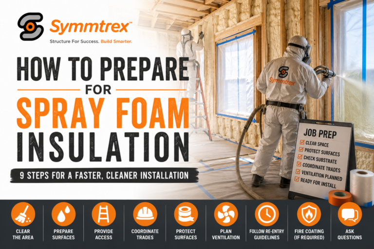 Spray foam contractor preparing a North Texas construction project by masking surfaces and applying spray foam insulation in a commercial building.
